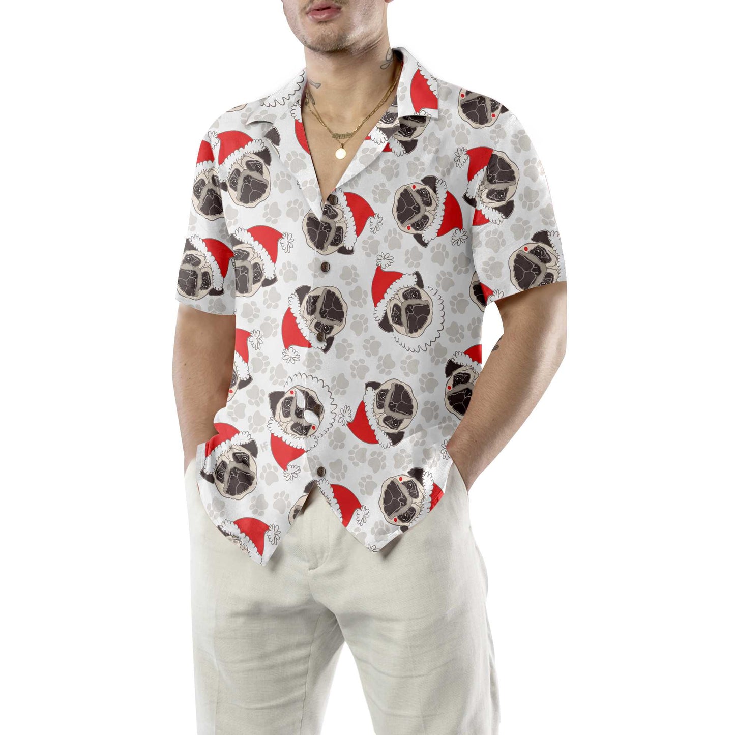 WW | Pug Hund In Santa Hut Hawaiian Shirt, Lustiges Hund Weihnachten Shirt, Weihnachtsgeschenk Für Pug Liebhaber