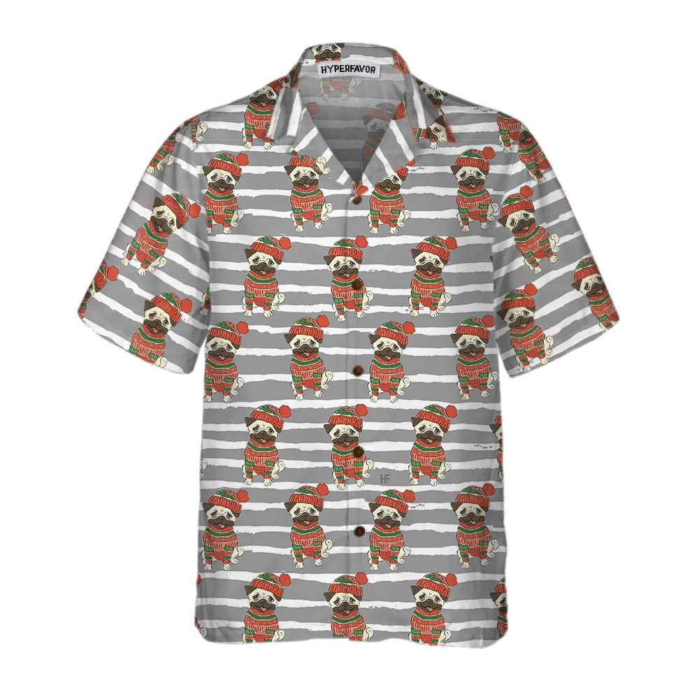 WW | Pug In Sweatshirt und Wintermütze Hawaiian Shirt, Lustiges Pug Weihnachts Shirt