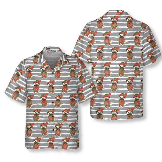 WW | Pug In Sweatshirt und Wintermütze Hawaiian Shirt, Lustiges Pug Weihnachts Shirt