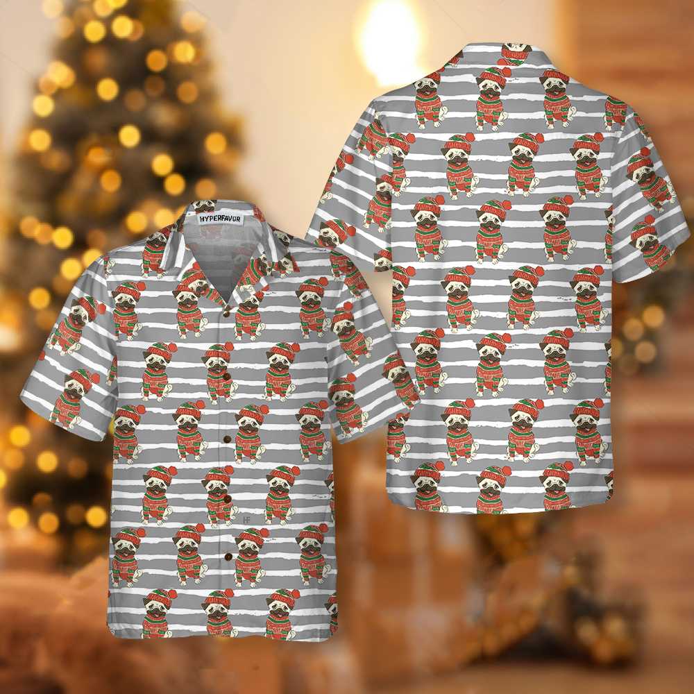 WW | Pug In Sweatshirt und Wintermütze Hawaiian Shirt, Lustiges Pug Weihnachts Shirt