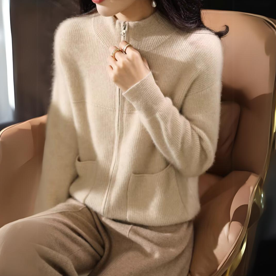 WW | Damen Merino Strickjacke mit Reißverschluss und langen Ärmeln