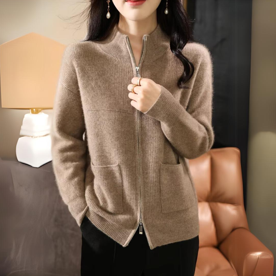 WW | Damen Merino Strickjacke mit Reißverschluss und langen Ärmeln
