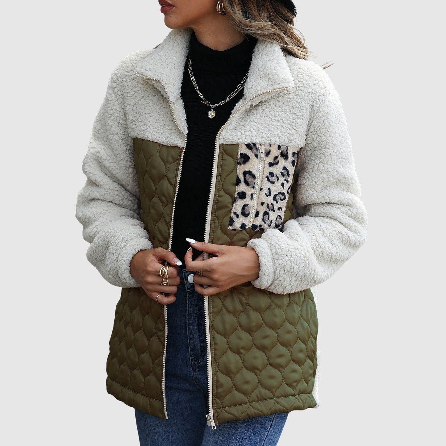 WW | Fleece Relaxed Fit Jacket - Quilted Patchwork Faux Fur Jacket