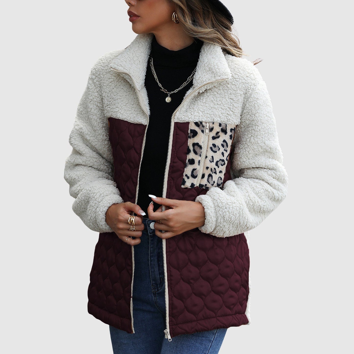 WW | Fleece Relaxed Fit Jacket - Quilted Patchwork Faux Fur Jacket