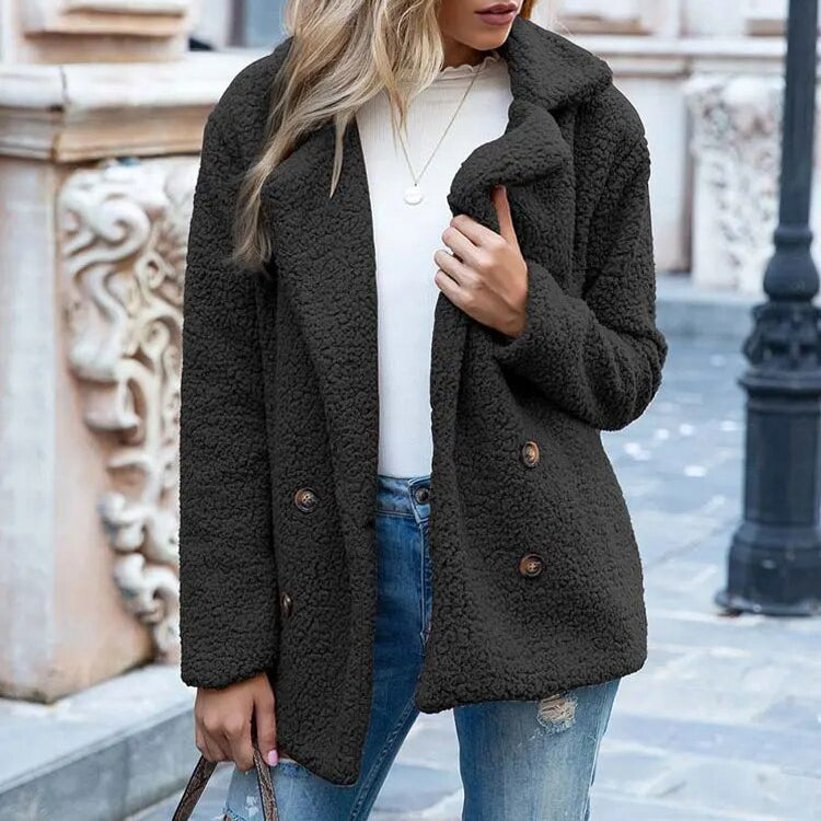 WW | Frauen Plüsch Winterjacke mit Knöpfen & Gemütlich
