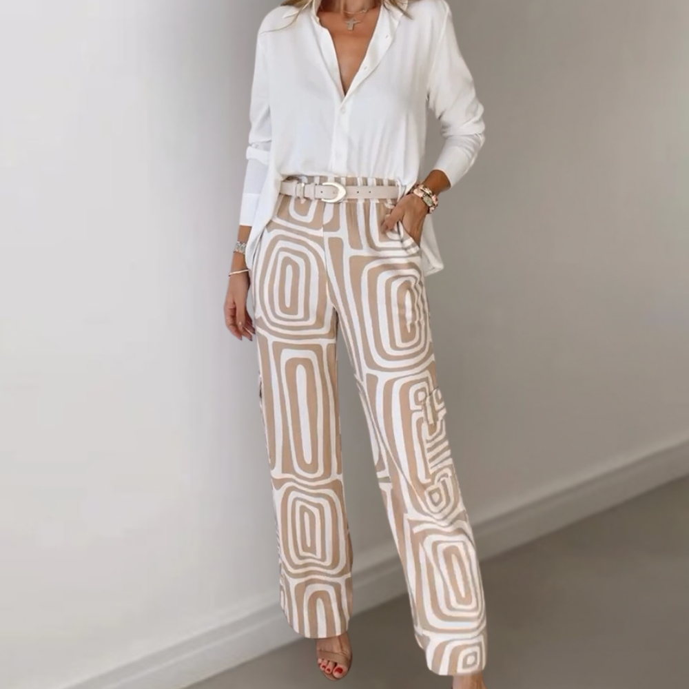 WW | Trousers with Retro Pattern - Wide High-Waisted Fabric Trousers with Belt for Office & Leisure