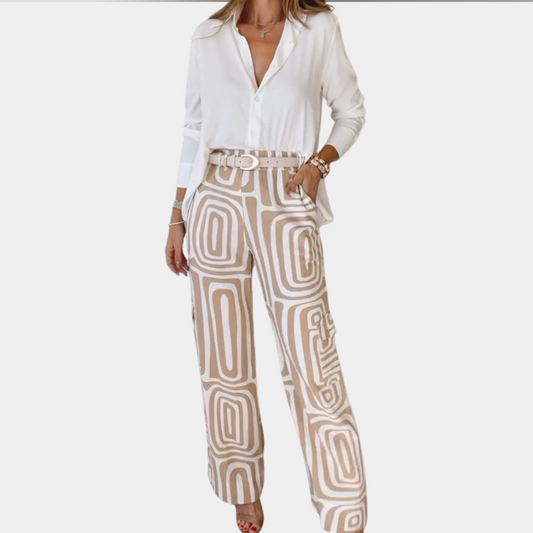 WW | Hose mit Retro-Muster - Weite High Waist Stoffhose mit Gürtel für Büro & Freizeit