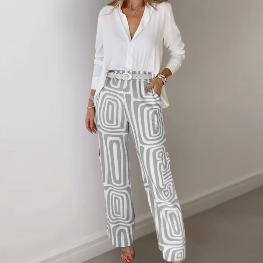 WW | Trousers with Retro Pattern - Wide High-Waisted Fabric Trousers with Belt for Office & Leisure