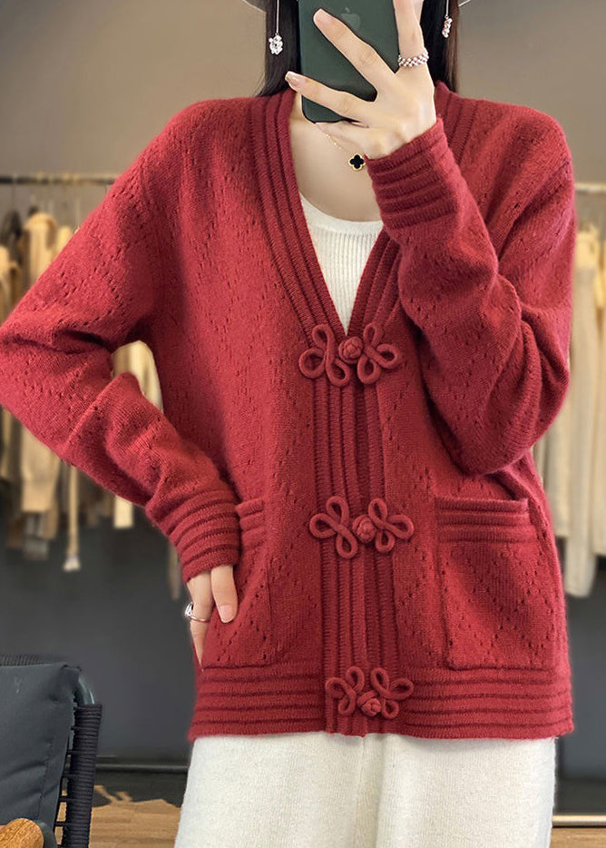 WW | Hollowed Pockets Wool Coats V-Neck Long Sleeve