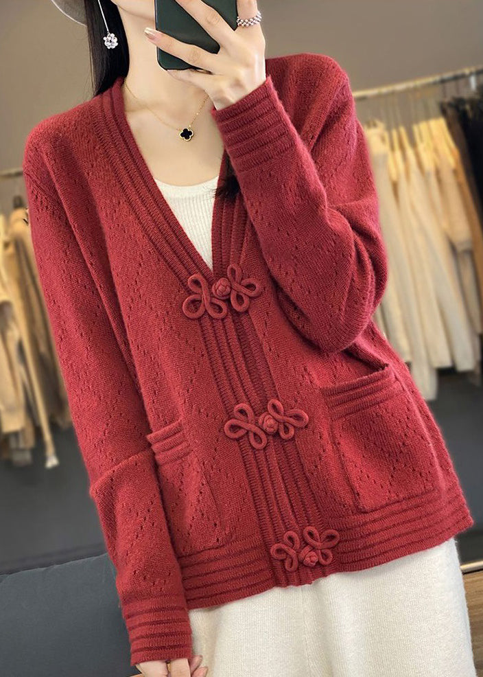 WW | Hollowed Pockets Wool Coats V-Neck Long Sleeve