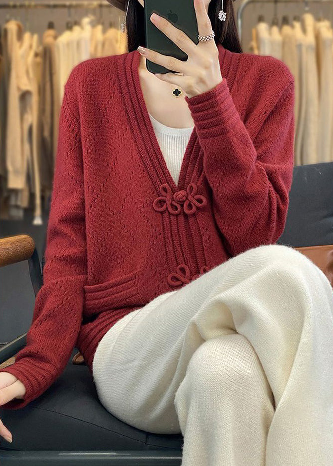 WW | Hollowed Pockets Wool Coats V-Neck Long Sleeve