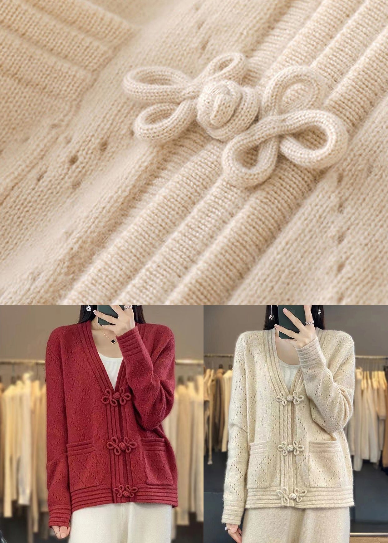 WW | Hollowed Pockets Wool Coats V-Neck Long Sleeve