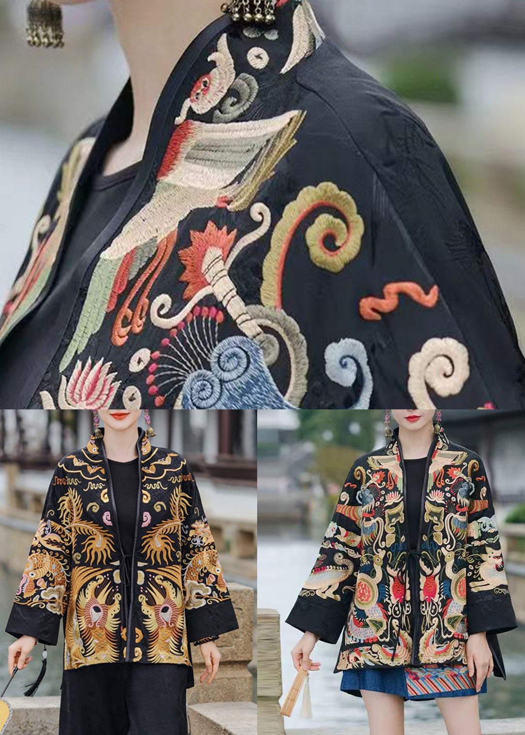 WW | Lace-up Embroidered Silk Coats V-neck Long Sleeves