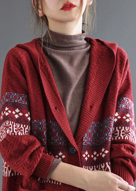 WW | Pocket Print Knit Cardigans Hooded Long Sleeve