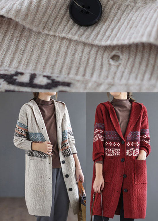 WW | Pocket Print Knit Cardigans Hooded Long Sleeve