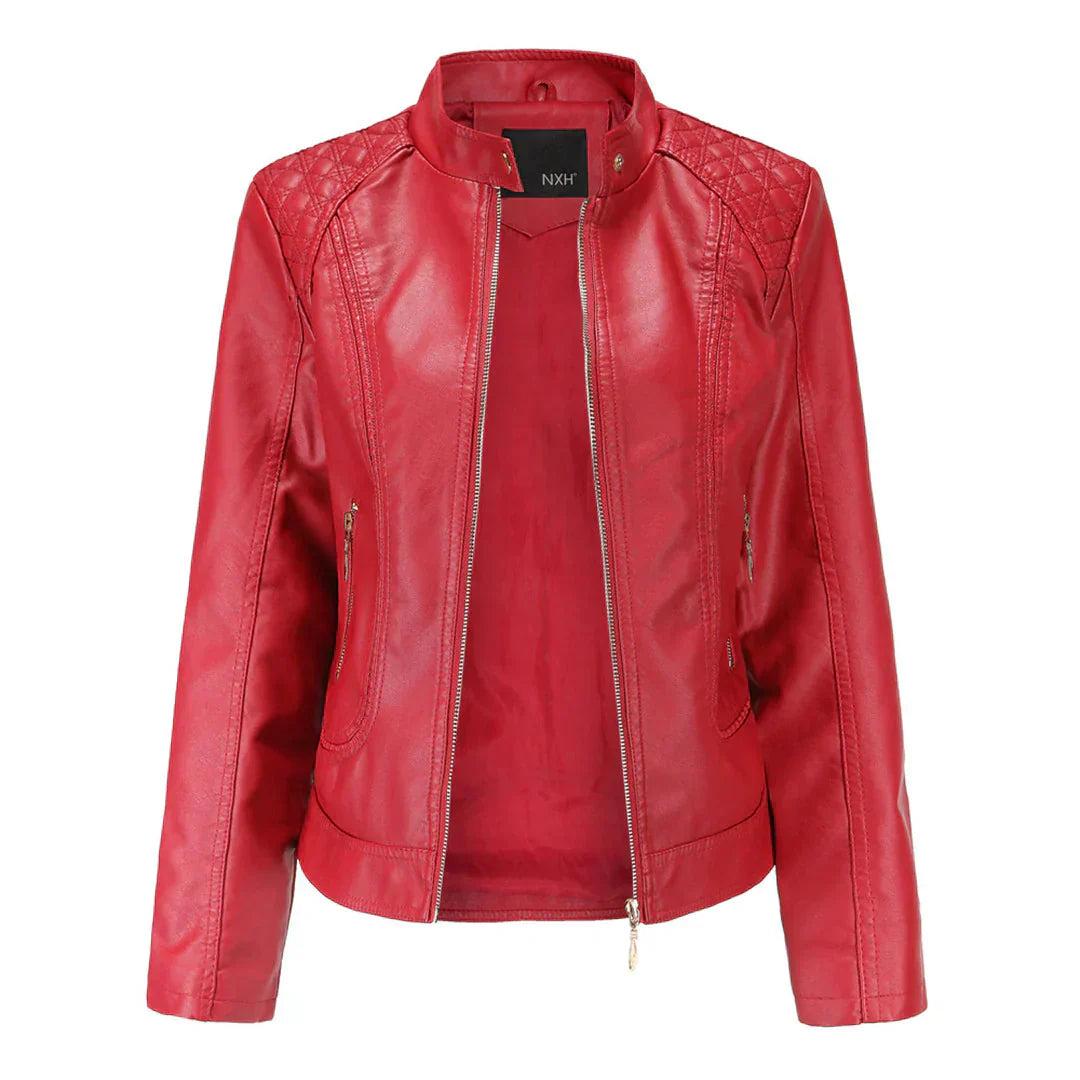 WW | Leather Jacket Slim Fit Quilted Shoulder Design Stand Collar Zipper Pockets
