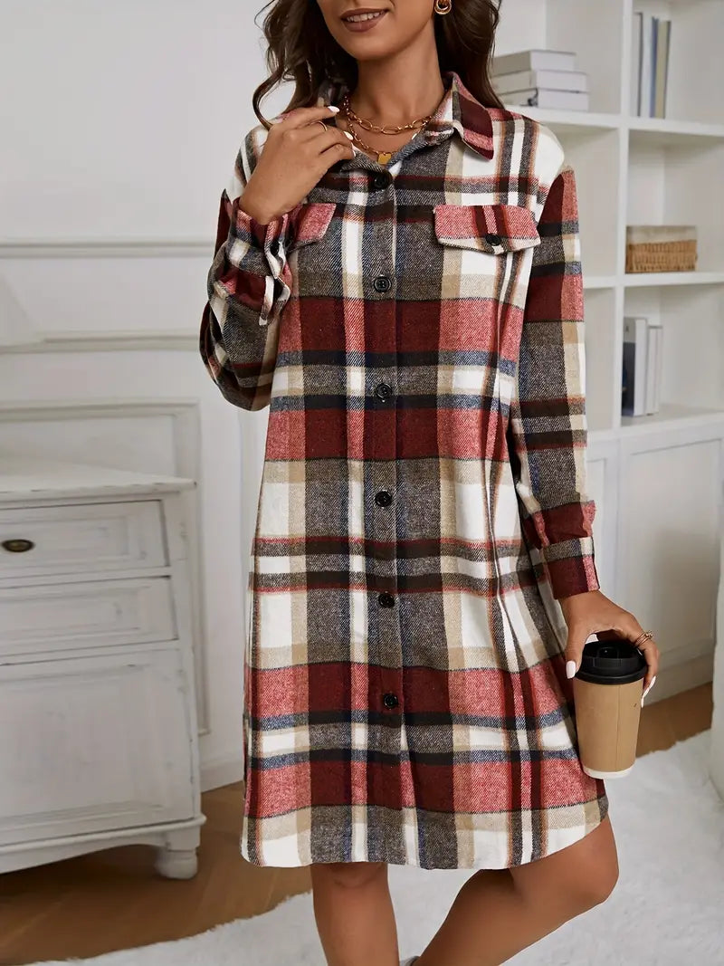 WW | Fashionable Long-Sleeved Jacket with Plaid Pattern and Button Placket