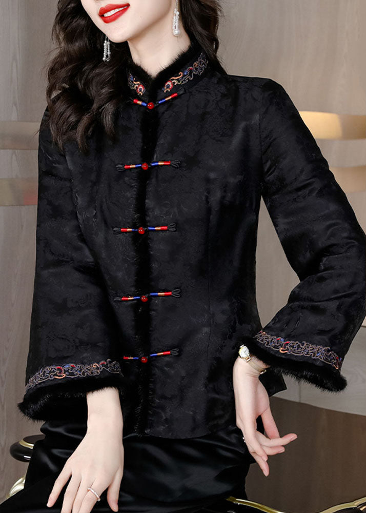 WW | Black Fur Collar Embroidered Button Silk Coats Long Sleeves