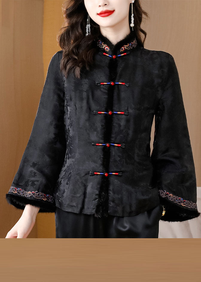 WW | Black Fur Collar Embroidered Button Silk Coats Long Sleeves