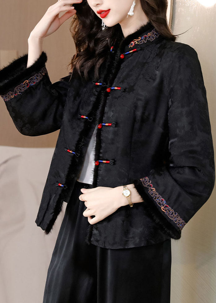 WW | Black Fur Collar Embroidered Button Silk Coats Long Sleeves