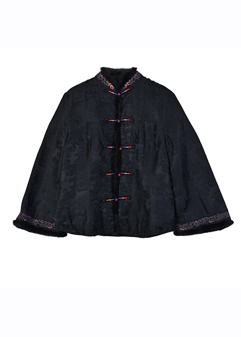 WW | Black Fur Collar Embroidered Button Silk Coats Long Sleeves