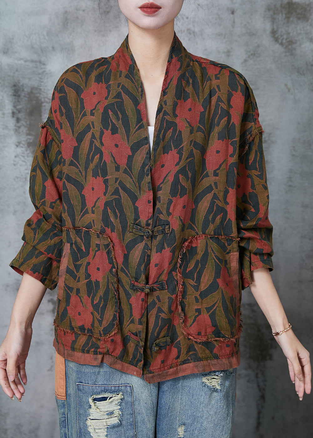 WW | Black Print Chinese Button Linen Coats