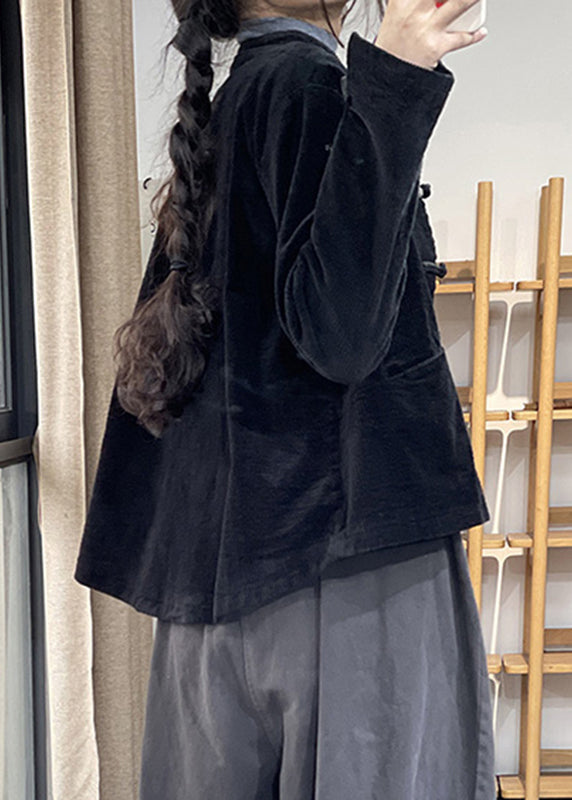 WW | Black Stand-Up Collar Pockets Thick Corduroy Jackets