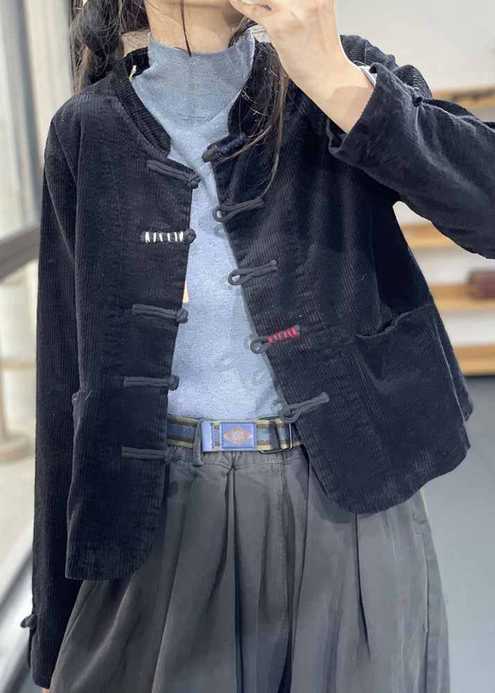 WW | Black Stand-Up Collar Pockets Thick Corduroy Jackets