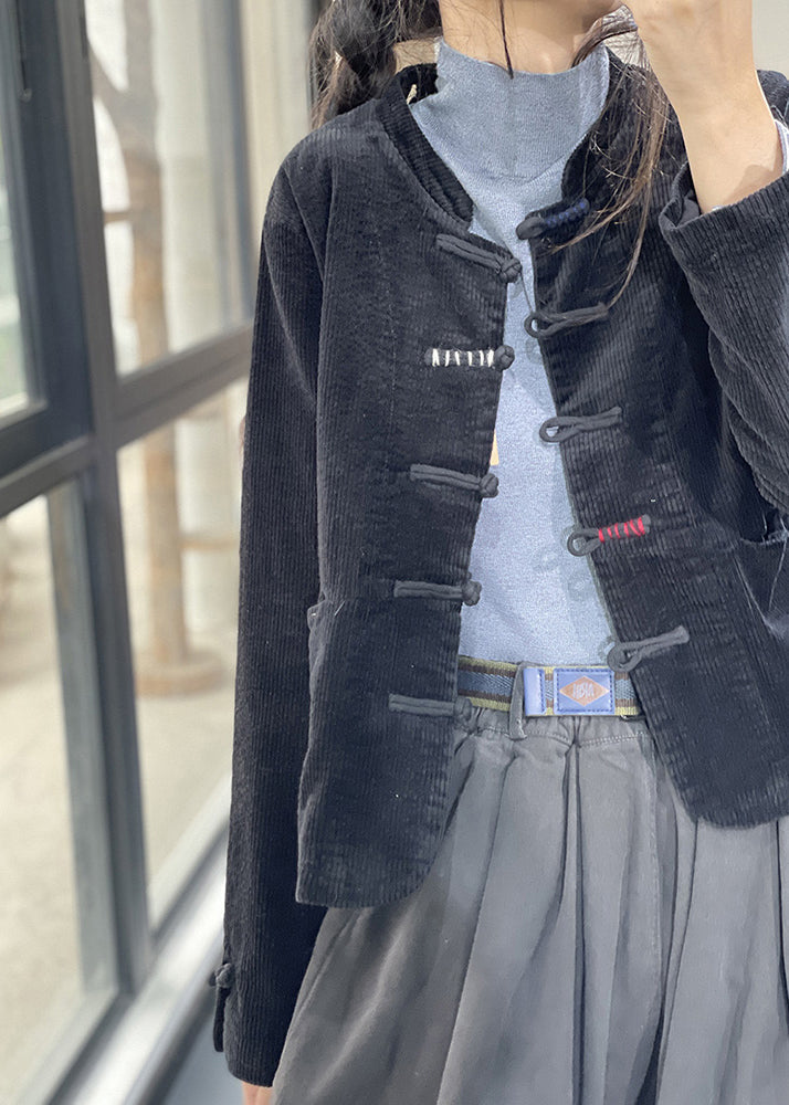 WW | Black Stand-Up Collar Pockets Thick Corduroy Jackets