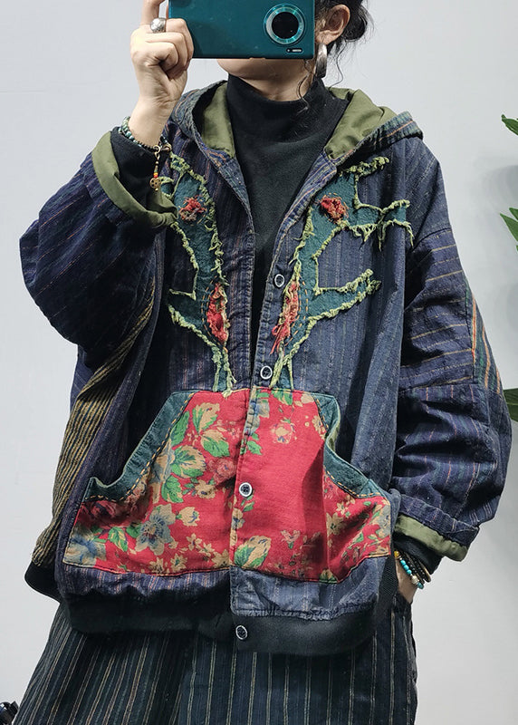 WW | Farbblock bestickte Kapuzenjacken mit Taschen Patchwork Langarm