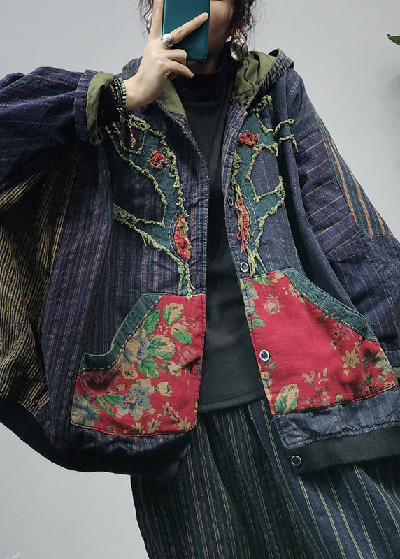 WW | Colorblock Embroidered Hooded Jackets with Pockets Patchwork Long Sleeve