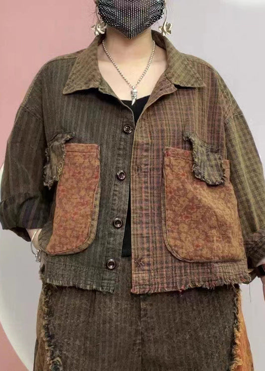WW | Karierte Peter Pan Kragen Knopf Taschen Baumwolle Mäntel