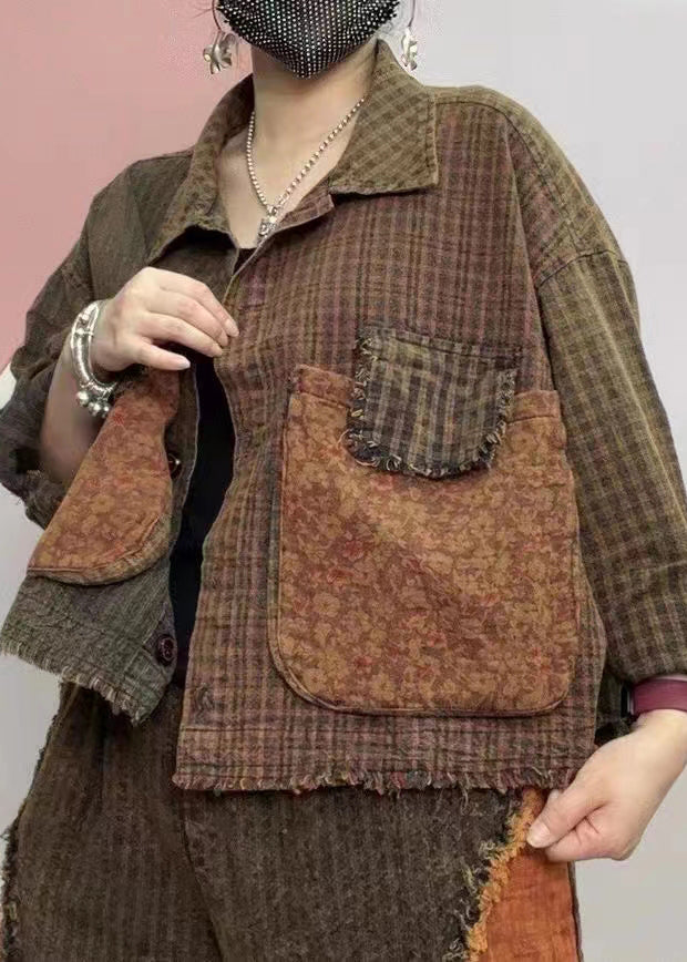 WW | Plaid Peter Pan Collar Button Pockets Cotton Coats