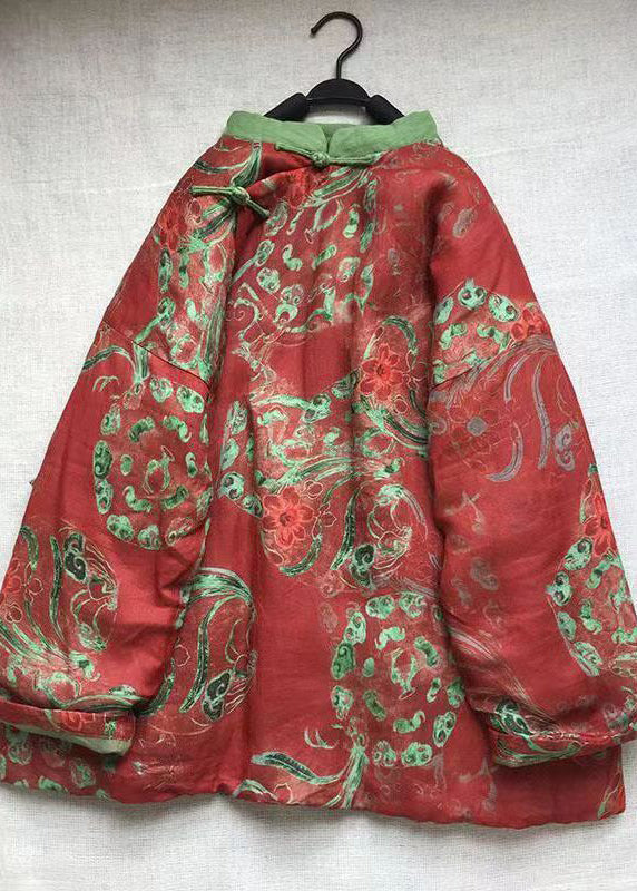 WW | Red Stand-Up Collar Print Chinese Button Fine Cotton-Padded Jackets Winter