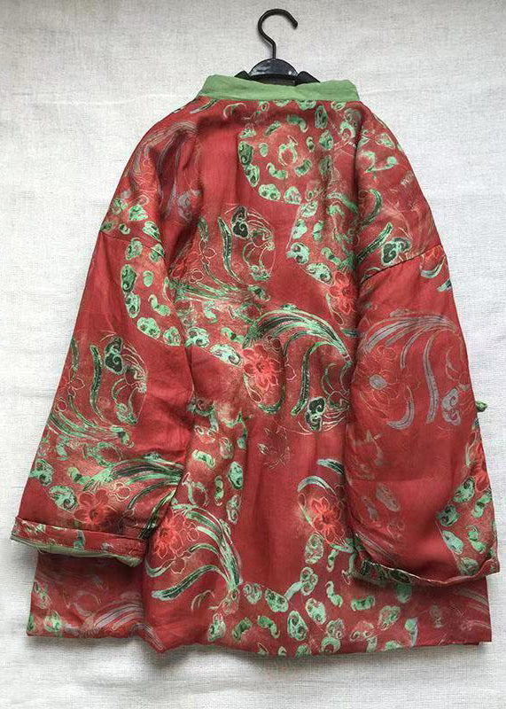 WW | Red Stand-Up Collar Print Chinese Button Fine Cotton-Padded Jackets Winter