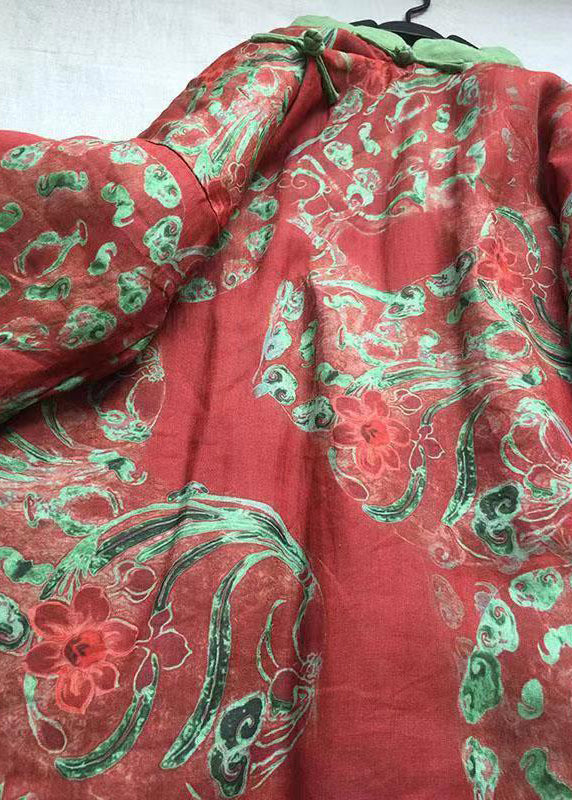 WW | Red Stand-Up Collar Print Chinese Button Fine Cotton-Padded Jackets Winter