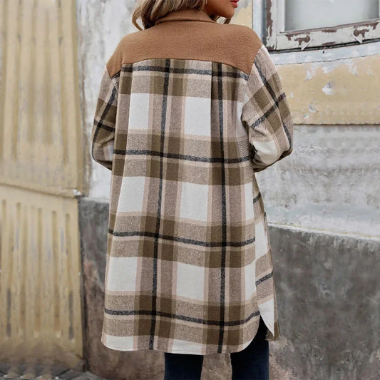 WW | Damen Lange Karierte Jacke mit Taschen