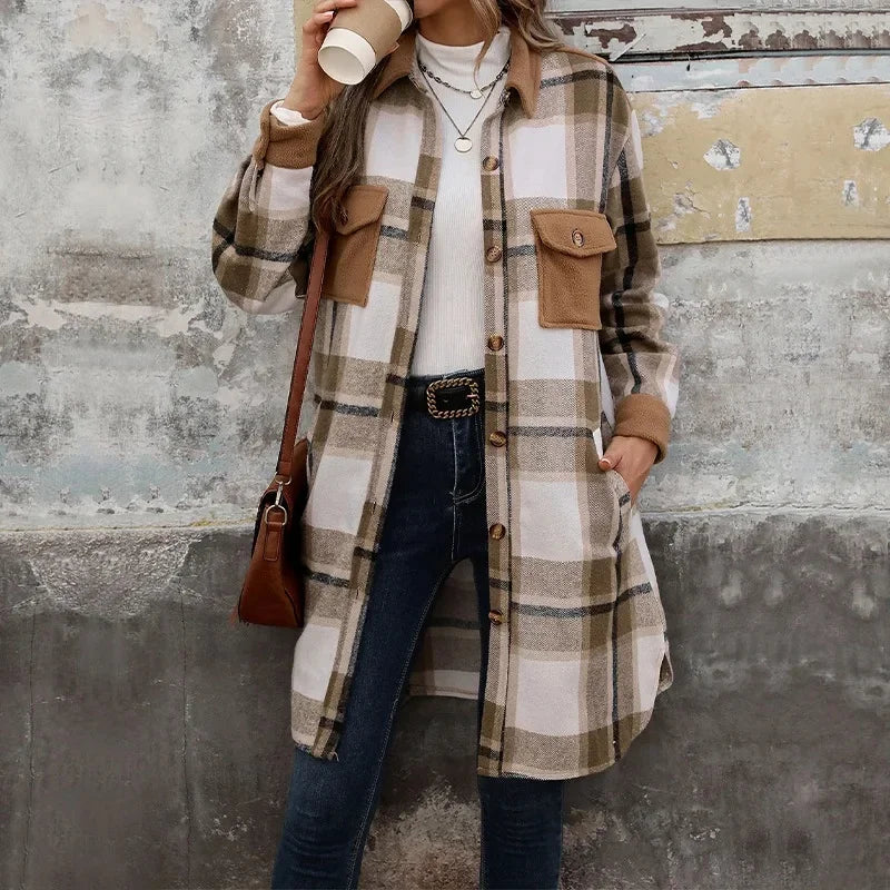 WW | Damen Lange Karierte Jacke mit Taschen