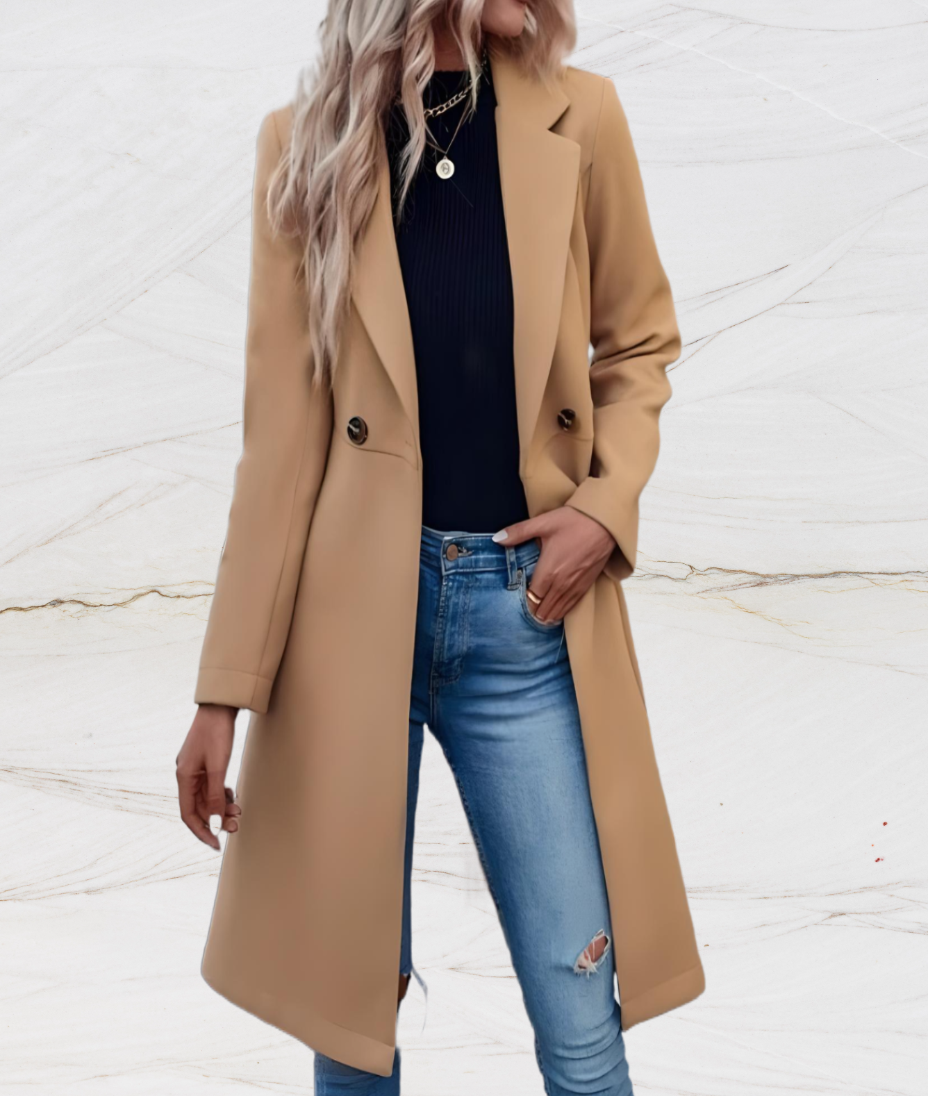 WW | Long women's coat with large button collar
