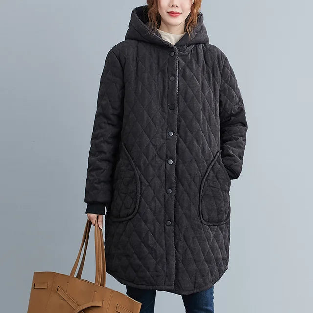 WW | Women's Quilted Hooded Coat - Knee-Length - Button Closure - Warm and Stylish