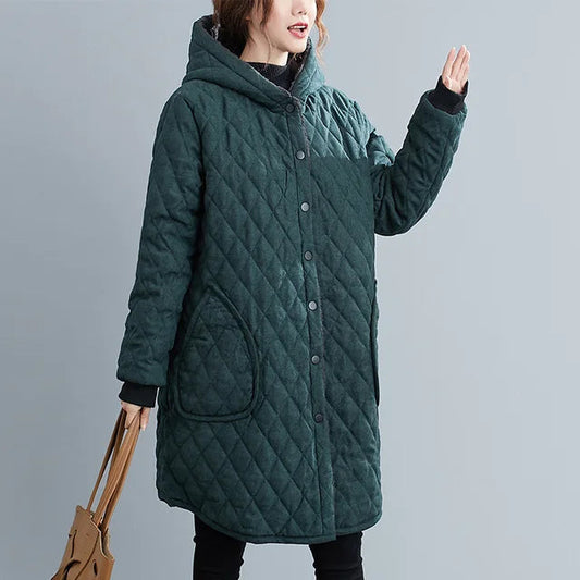 WW | Damen gesteppter Kapuzenmantel - knielang - Knopfschluss - warm und stylish