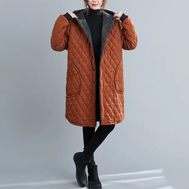 WW | Women's Quilted Hooded Coat - Knee-Length - Button Closure - Warm and Stylish