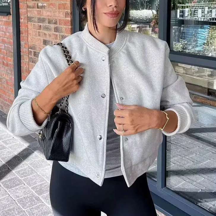 WW | Damen Cropped Bomberjack mit Knöpfen und Gerippten Bündchen