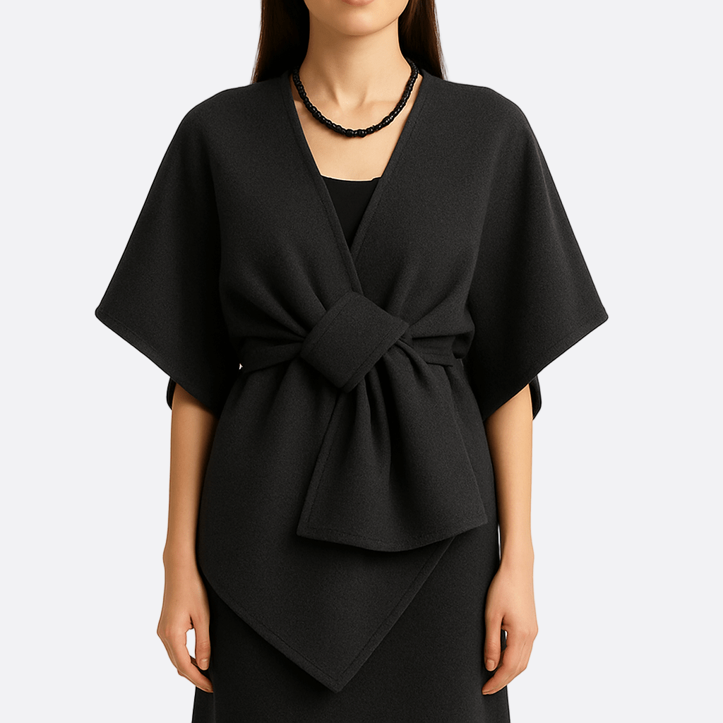 WW | Damen Drapierter Woll Poncho Mantel mit Taillengürtel