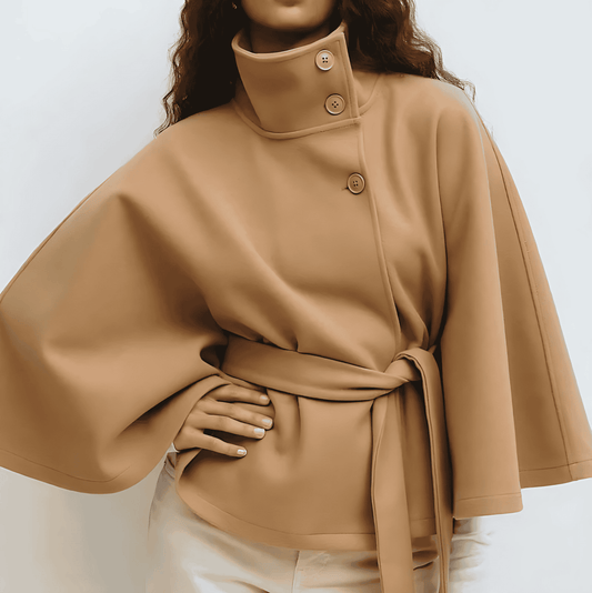 WW | Damen Bleistift-Hals Kurze Cape Jacke Mit Gürtel Taille