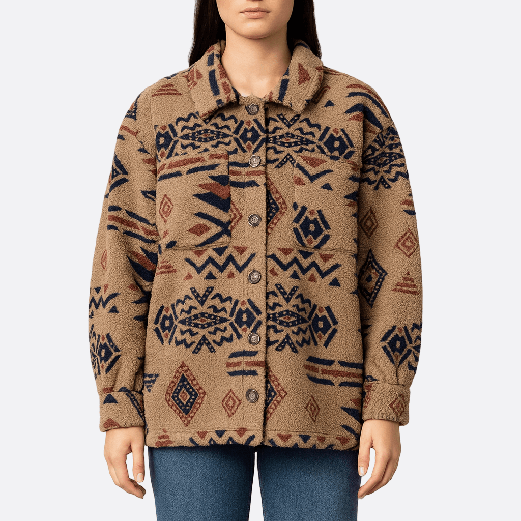 WW | Damen Oversized Plüsch Jacke Fuzzy Geometrisches Muster