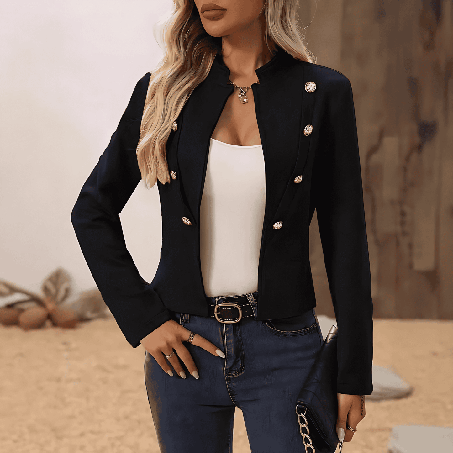 WW | Damen Kurze Blazer Jacke Knopfverschluss Kragen