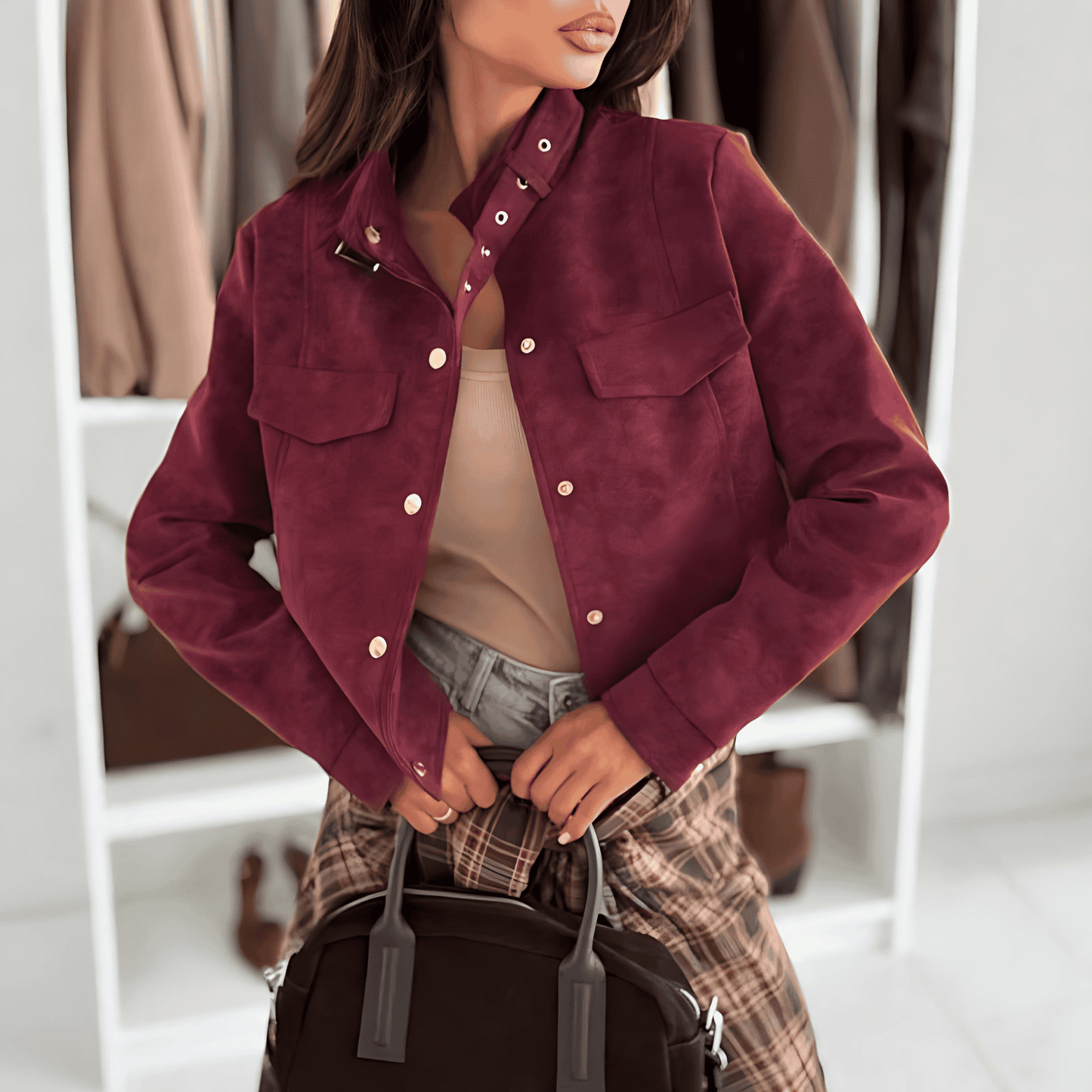 WW | Damen Weiches Suede-Jacke mit Knopfdetails