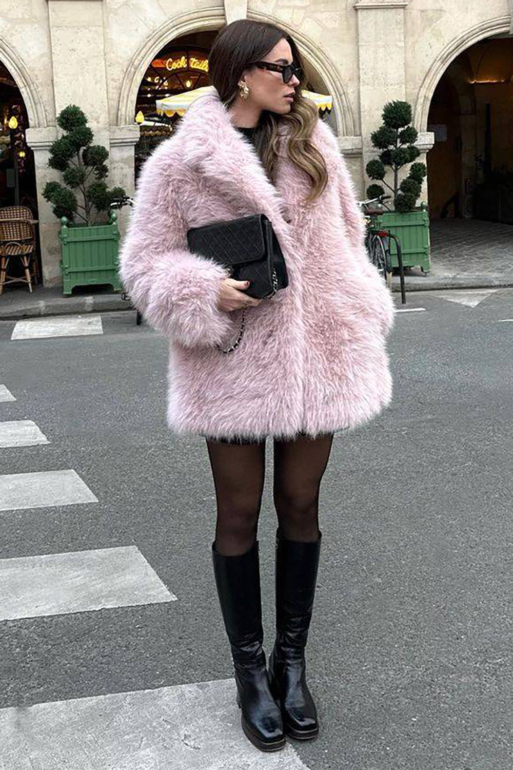WW | Damen Lange Kunstpelzjacke mit Offener Vorderseite und Sanfter Verarbeitung In Rosa