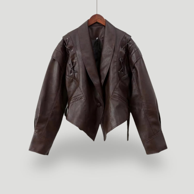 WW | Lederjacke Wickeldesign Taillengürtel Strukturierte Schultern Schnürdetails